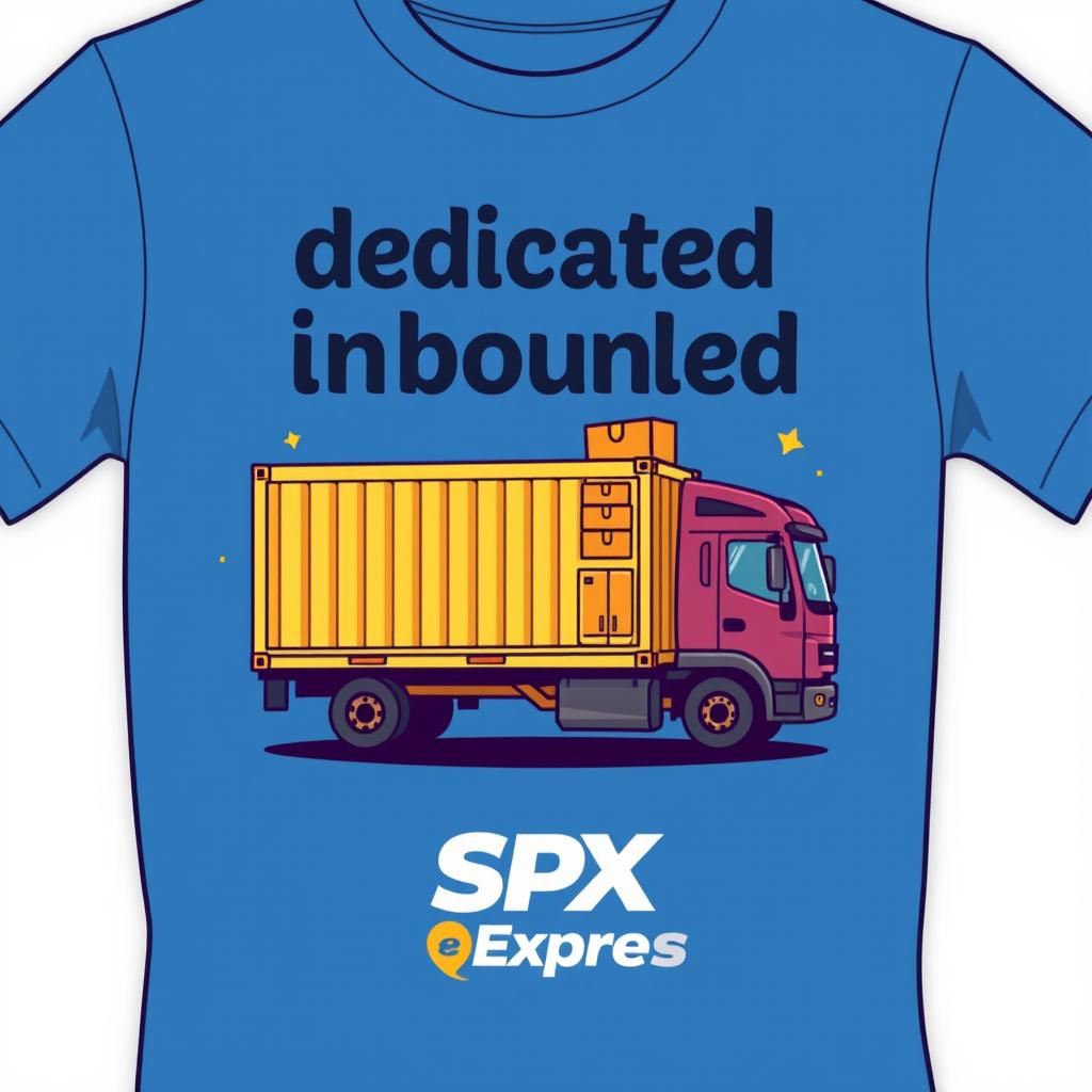 A t-shirt design featuring the words 'dedicated inbound' with a caricature theme of SPX Express