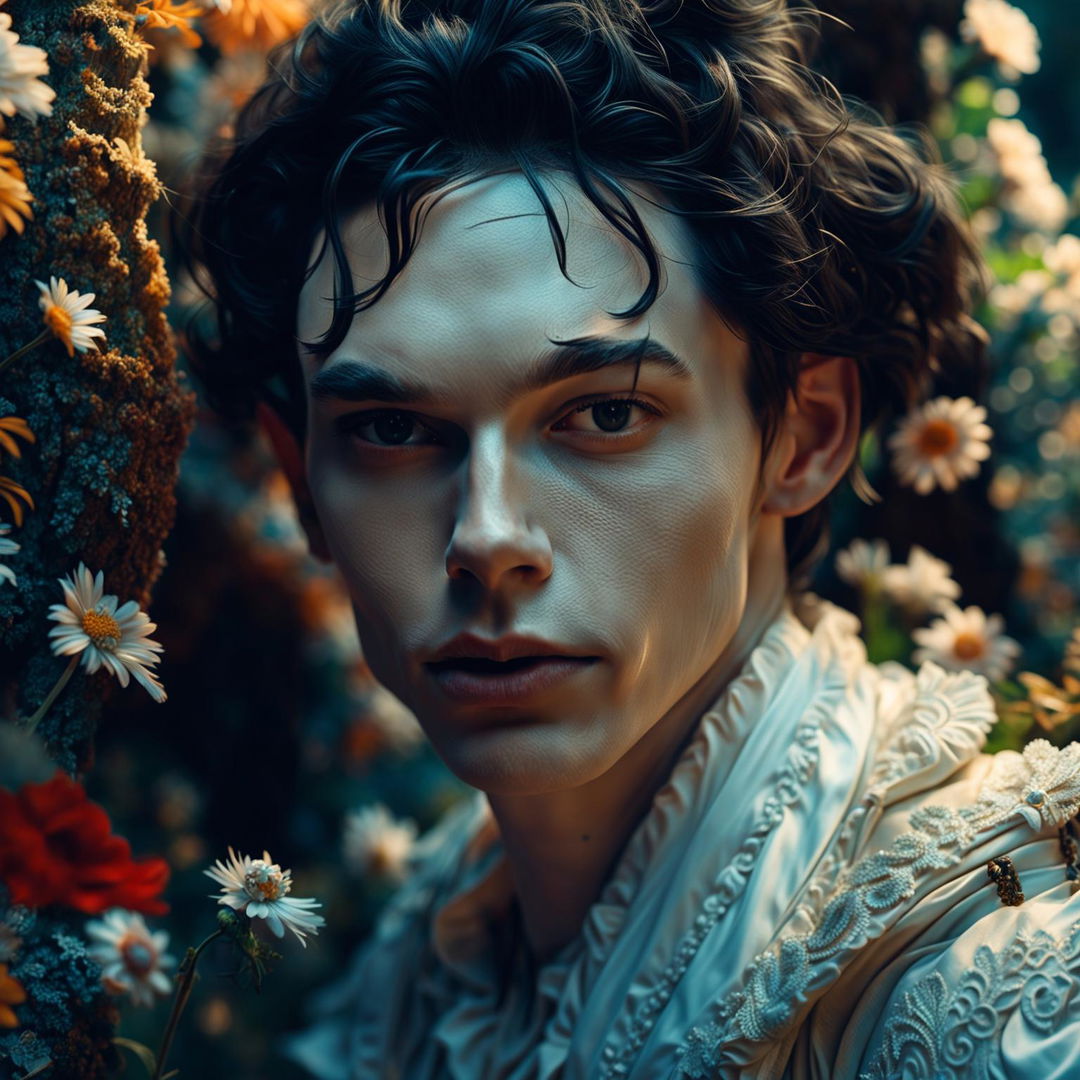 Intense close-up hyper-realistic 3D photograph of an androgynous Russian man in Rococo attire with ultra-high resolution facial features, immaculate composition and lighting.