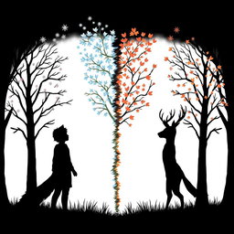 A humanoid with wolf ears and tail gazing at a humanoid with deer ears, tail, and antlers