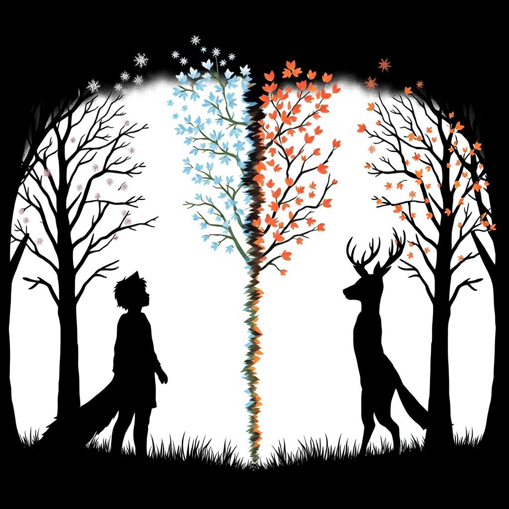 A humanoid with wolf ears and tail gazing at a humanoid with deer ears, tail, and antlers