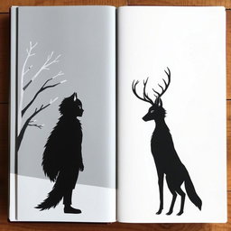 A humanoid with wolf ears and tail gazing at a humanoid with deer ears, tail, and antlers