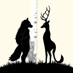 A humanoid with wolf ears and tail gazing at a humanoid with deer ears, tail, and antlers