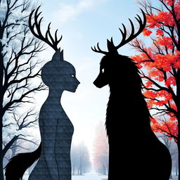 A humanoid with wolf ears and tail gazing at a humanoid with deer ears, tail, and antlers