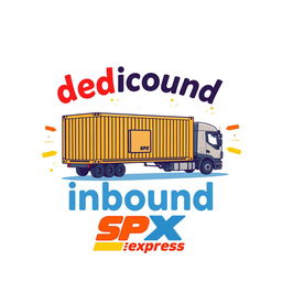 A t-shirt design featuring the words 'dedicated inbound' with a caricature theme of SPX Express