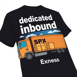 A t-shirt design featuring the words 'dedicated inbound' with a caricature theme of SPX Express