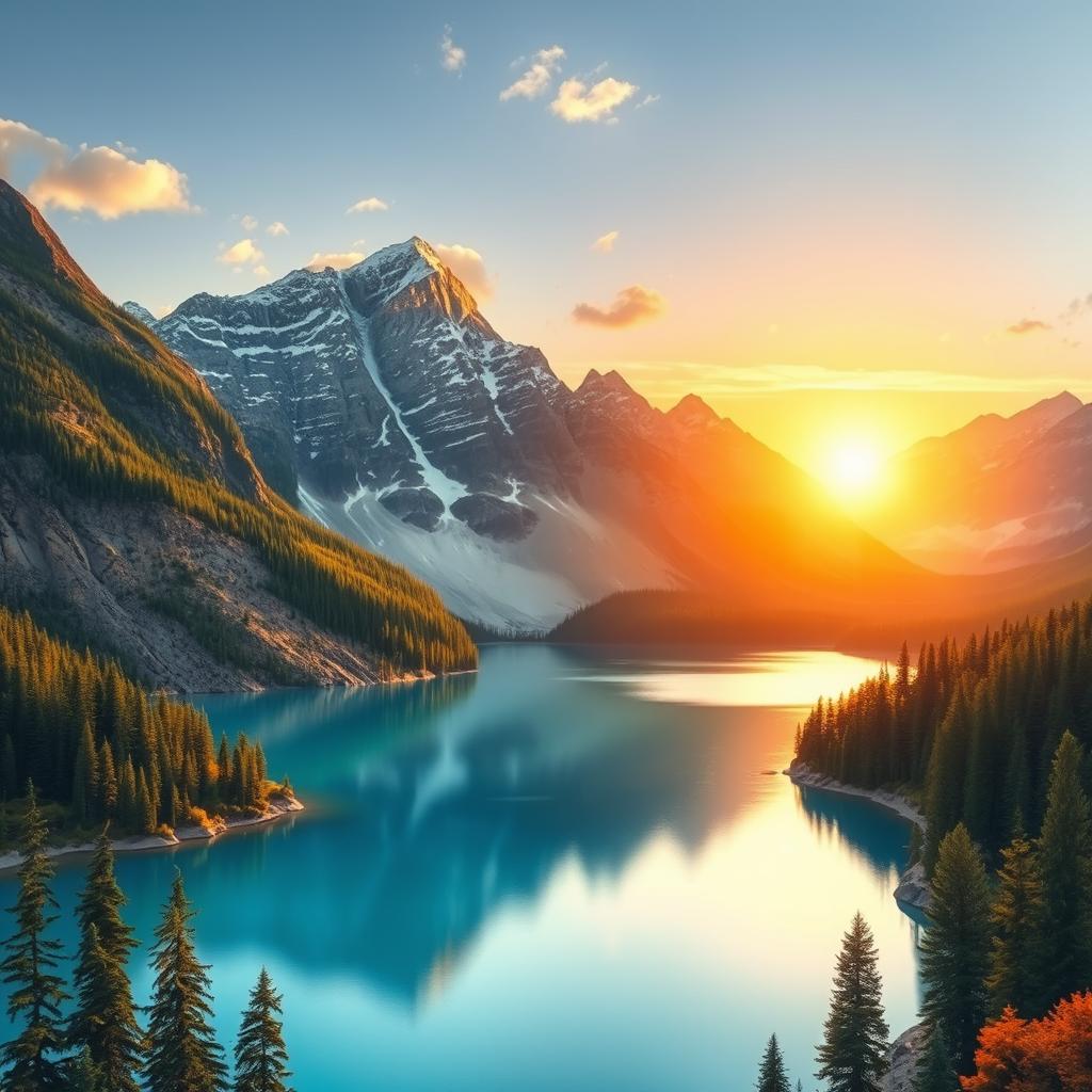 A detailed and visually appealing image suitable for all audiences, showcasing a serene landscape with mountains, a clear blue lake, and a vibrant forest