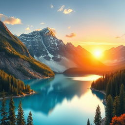 A detailed and visually appealing image suitable for all audiences, showcasing a serene landscape with mountains, a clear blue lake, and a vibrant forest