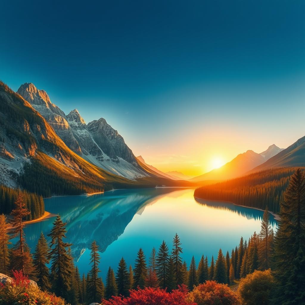 A detailed and visually appealing image suitable for all audiences, showcasing a serene landscape with mountains, a clear blue lake, and a vibrant forest