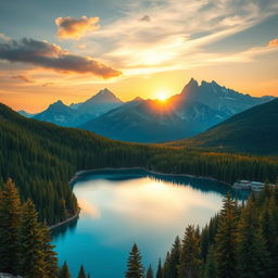 A detailed and visually appealing image suitable for all audiences, showcasing a serene landscape with mountains, a clear blue lake, and a vibrant forest