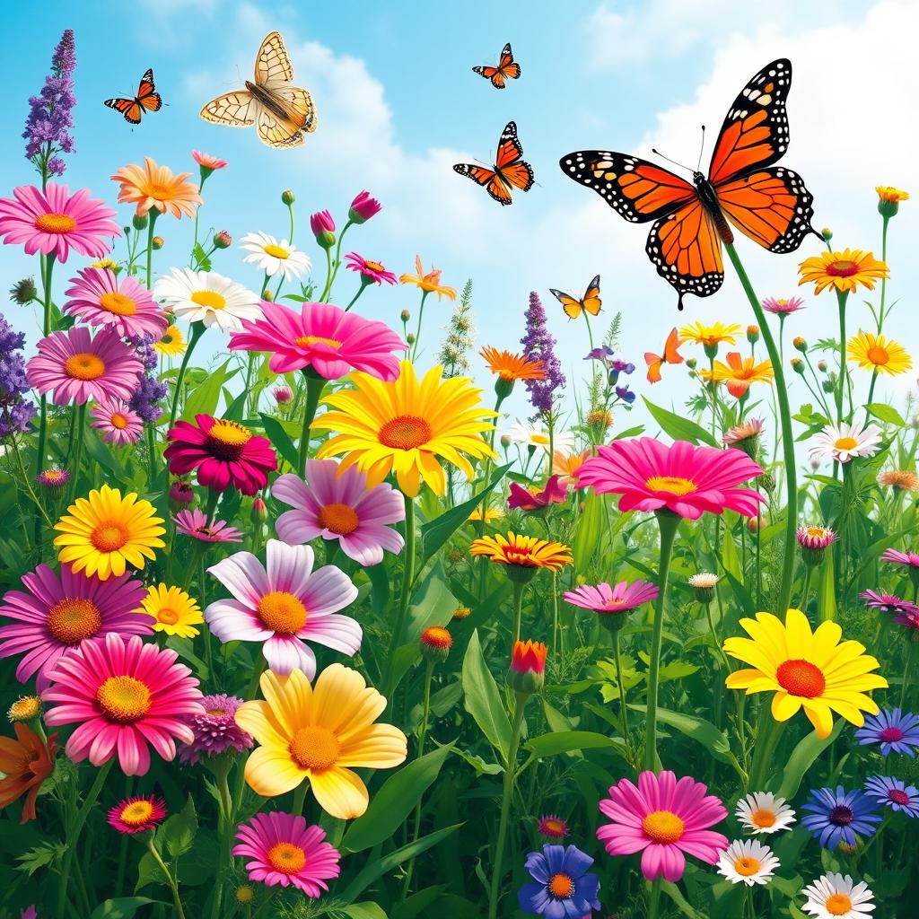 A vibrant and colorful image of a beautiful garden with various flowers in full bloom, butterflies fluttering around, and a clear blue sky