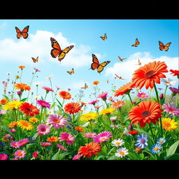 A vibrant and colorful image of a beautiful garden with various flowers in full bloom, butterflies fluttering around, and a clear blue sky