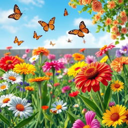 A vibrant and colorful image of a beautiful garden with various flowers in full bloom, butterflies fluttering around, and a clear blue sky