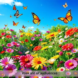 A vibrant and colorful image of a beautiful garden with various flowers in full bloom, butterflies fluttering around, and a clear blue sky