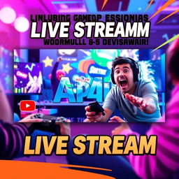 A vibrant and eye-catching YouTube thumbnail for a live stream of a gaming session