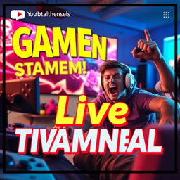 A vibrant and eye-catching YouTube thumbnail for a live stream of a gaming session