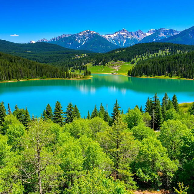 A beautiful landscape featuring a serene lake surrounded by lush green trees, with mountains in the background and a clear blue sky