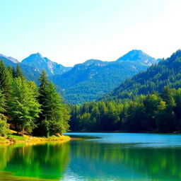 A beautiful landscape featuring a serene lake surrounded by lush green trees, with mountains in the background and a clear blue sky