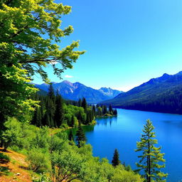 A beautiful landscape featuring a serene lake surrounded by lush green trees, with mountains in the background and a clear blue sky