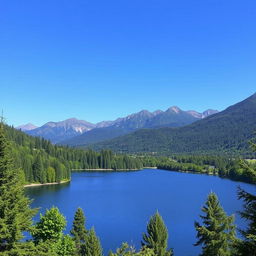 A beautiful landscape featuring a serene lake surrounded by lush green trees, with mountains in the background and a clear blue sky