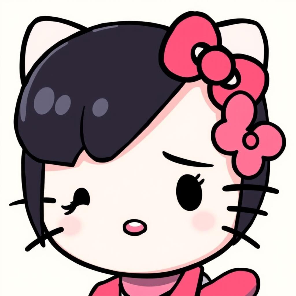 Create an image of Hello Kitty with short black hair, an eyebrow piercing, and doll-like eyelashes