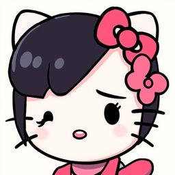 Create an image of Hello Kitty with short black hair, an eyebrow piercing, and doll-like eyelashes