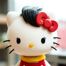 Create an image of Hello Kitty with short black hair, an eyebrow piercing, and doll-like eyelashes