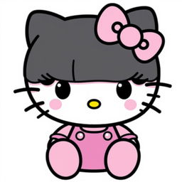 Create an image of Hello Kitty with black hair and doll-like eyelashes