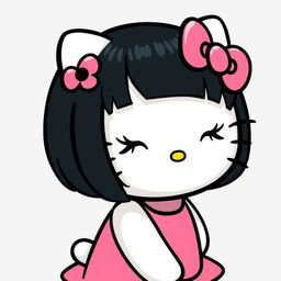 Create an image of Hello Kitty with black hair and doll-like eyelashes