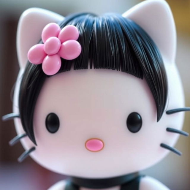 Create an image of Hello Kitty with black hair and doll-like eyelashes