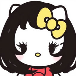 Create an image of Hello Kitty with black hair and doll-like eyelashes