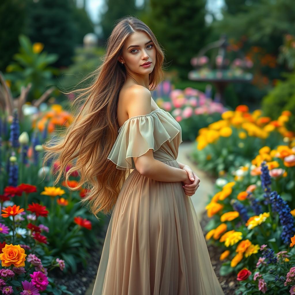 A beautiful woman with long flowing hair, wearing an elegant dress, standing in a picturesque garden filled with colorful flowers and lush greenery