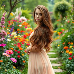 A beautiful woman with long flowing hair, wearing an elegant dress, standing in a picturesque garden filled with colorful flowers and lush greenery