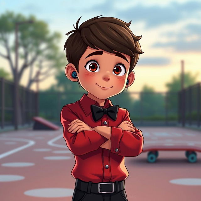 A short teenage boy with a hearing aid, wearing a red fully buttoned shirt, black pants, and a black bow tie with his arms crossed over his chest, set in a skate park