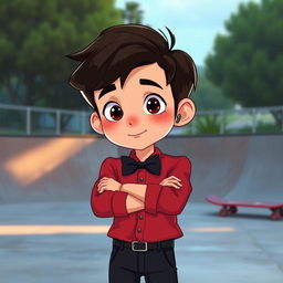 A short teenage boy with a hearing aid, wearing a red fully buttoned shirt, black pants, and a black bow tie with his arms crossed over his chest, set in a skate park