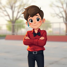 A short teenage boy with a hearing aid, wearing a red fully buttoned shirt, black pants, and a black bow tie with his arms crossed over his chest, set in a skate park