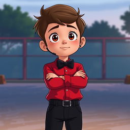 A short teenage boy with a hearing aid, wearing a red fully buttoned shirt, black pants, and a black bow tie with his arms crossed over his chest, set in a skate park