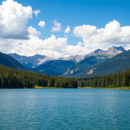 A beautiful landscape featuring a serene lake surrounded by lush forests and majestic mountains under a clear blue sky with fluffy white clouds