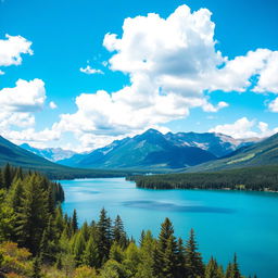 A beautiful landscape featuring a serene lake surrounded by lush forests and majestic mountains under a clear blue sky with fluffy white clouds