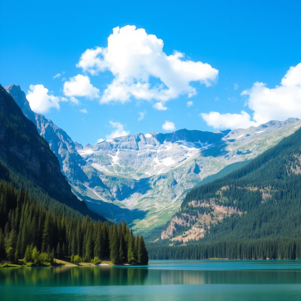 A beautiful landscape featuring a serene lake surrounded by lush forests and majestic mountains under a clear blue sky with fluffy white clouds