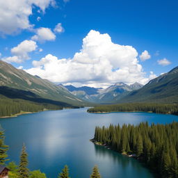 A beautiful landscape featuring a serene lake surrounded by lush forests and majestic mountains under a clear blue sky with fluffy white clouds