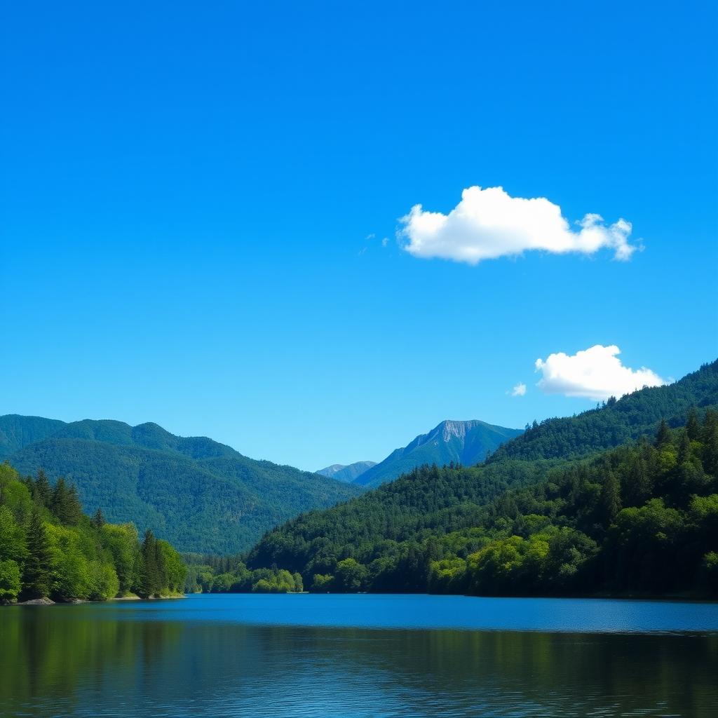 An image of a serene landscape featuring a calm lake surrounded by lush green trees and mountains in the background under a clear blue sky with a few fluffy white clouds