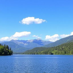 An image of a serene landscape featuring a calm lake surrounded by lush green trees and mountains in the background under a clear blue sky with a few fluffy white clouds