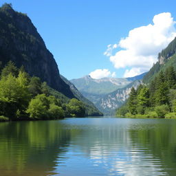 An image of a serene landscape featuring a calm lake surrounded by lush green trees and mountains in the background under a clear blue sky with a few fluffy white clouds