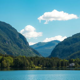 An image of a serene landscape featuring a calm lake surrounded by lush green trees and mountains in the background under a clear blue sky with a few fluffy white clouds