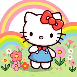 A cute and playful illustration of Hello Kitty, the iconic character with a red bow on her left ear, standing in a colorful and cheerful environment with flowers and rainbows