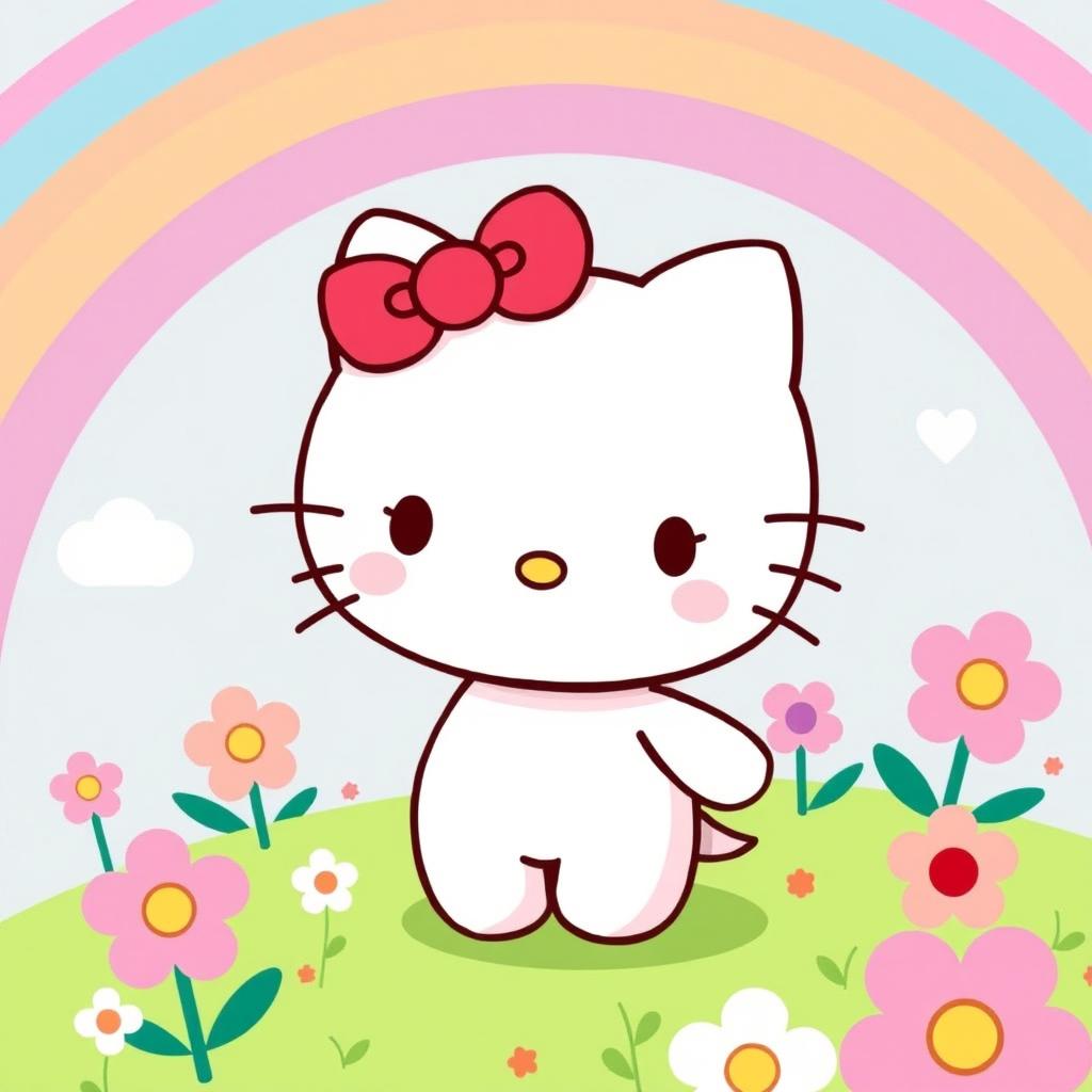 A cute and playful illustration of Hello Kitty, the iconic character with a red bow on her left ear, standing in a colorful and cheerful environment with flowers and rainbows