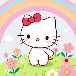 A cute and playful illustration of Hello Kitty, the iconic character with a red bow on her left ear, standing in a colorful and cheerful environment with flowers and rainbows