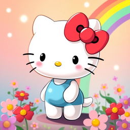 A cute and playful illustration of Hello Kitty, the iconic character with a red bow on her left ear, standing in a colorful and cheerful environment with flowers and rainbows