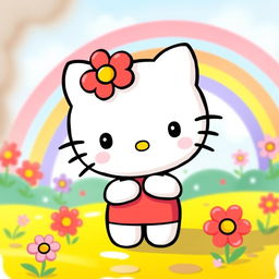 A cute and playful illustration of Hello Kitty, the iconic character with a red bow on her left ear, standing in a colorful and cheerful environment with flowers and rainbows