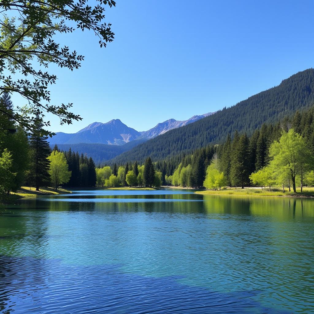 A beautiful landscape featuring a serene lake surrounded by lush green trees and mountains in the background under a clear blue sky